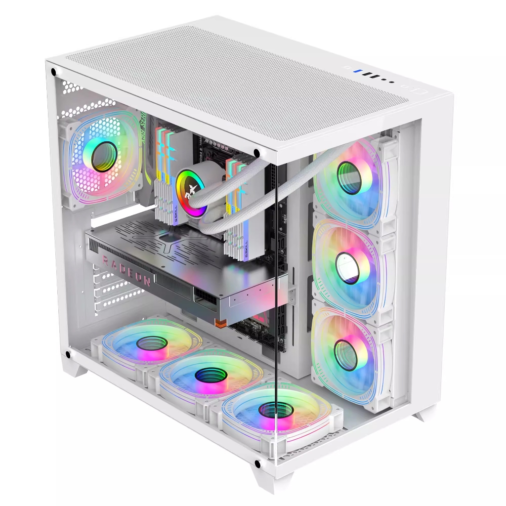 เคสคอมพิวเตอร์ PRO สำหรับห้องซีวิวเคสเดสก์ท็อปสีขาว ATX ห้องซีวิว 360 พัดลมระบายความร้อนด้วยน้ำ PC CASE