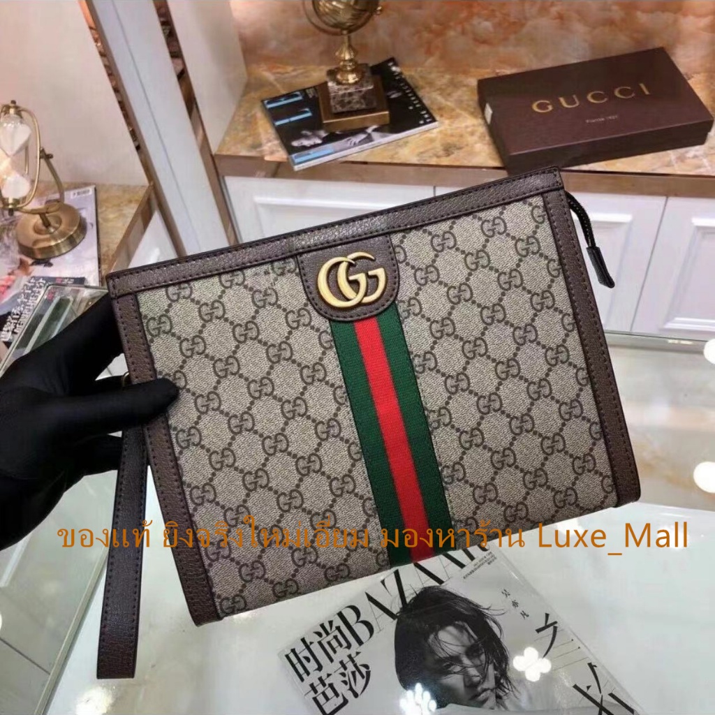ของแท้ ยิงจริงใหม่เอี่ยม GUCCI Ophidia series GG กระเป๋าสตางค์คลัทช์สีน้ำตาล กระเป๋าคลัทช์ของผู้ชาย 