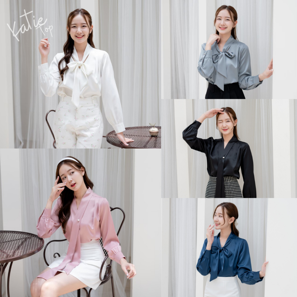 Onceandtwice | Katie Shirt เสื้อเชิ้ตแขนยาวผูกโบว์ เสื้อเชิ้ตทำงาน ผ้าซาตินอย่างดี ใส่สบาย ตัวเดียวครีเอทได้ถึง 4 ลุค