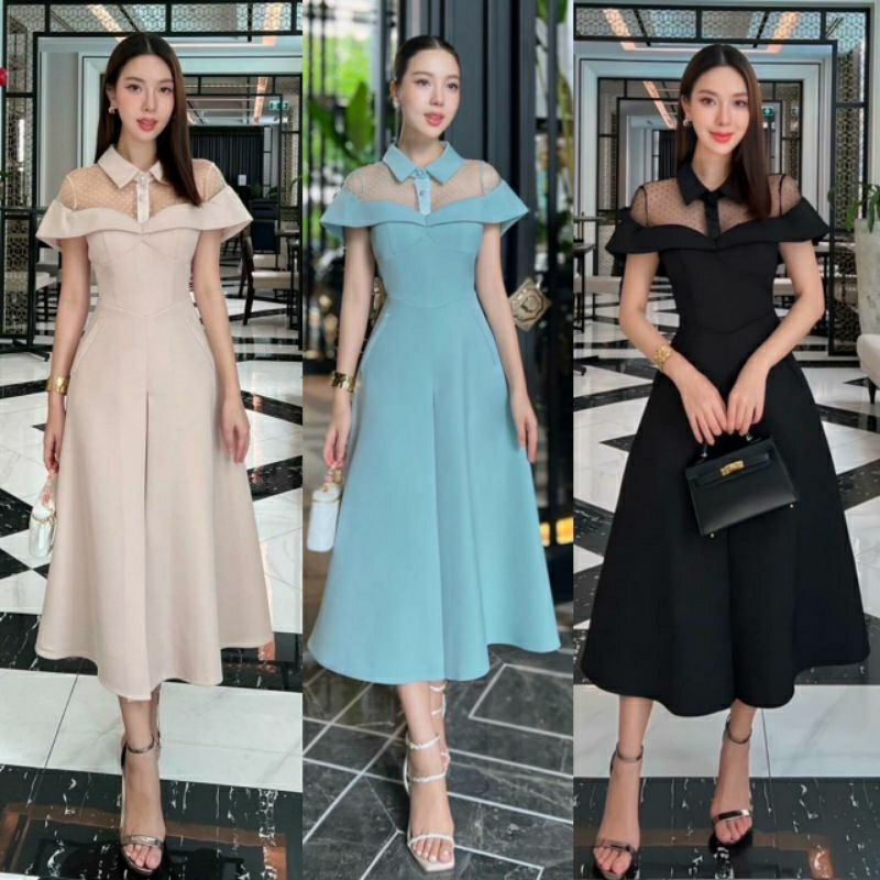 (S-XL) Shimmer พร้อมส่ง เดรสปกเชิ๊ตดีไซน์แขนคลุมไหล่ด้วยผ้าตาข่ายลายจุด แพทเทิร์นสวยเข้ารูป ผ้าเกรดดีมีซับใน
