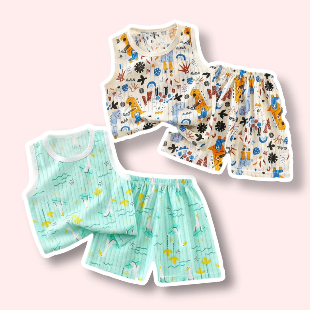 ลายใหม่ ชุดเสื้อกล้ามเด็ก เสื้อ+กางเกง ผ้าใยไผ่ ลาย 80-110