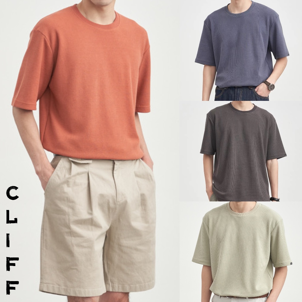 CLIFF เสื้อยืดผู้ชาย ผ้าวาฟเฟิลด์ แบบหลวมสบายๆ แขนสั้นแบบบางสำหรับฤดูร้อน เลือกได้หลายสี