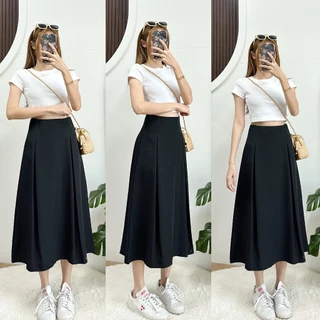 LUNA SKIRT กระโปรงจีบยาวหน้า-หลัง ขอบเอวเรียบซิปหลัง ผ้าบาร์บี้เปเป้ เอวสูง
