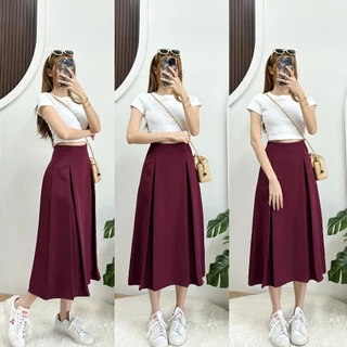 LUNA SKIRT กระโปรงจีบยาวหน้า-หลัง ขอบเอวเรียบซิปหลัง ผ้าบาร์บี้เปเป้ เอวสูง