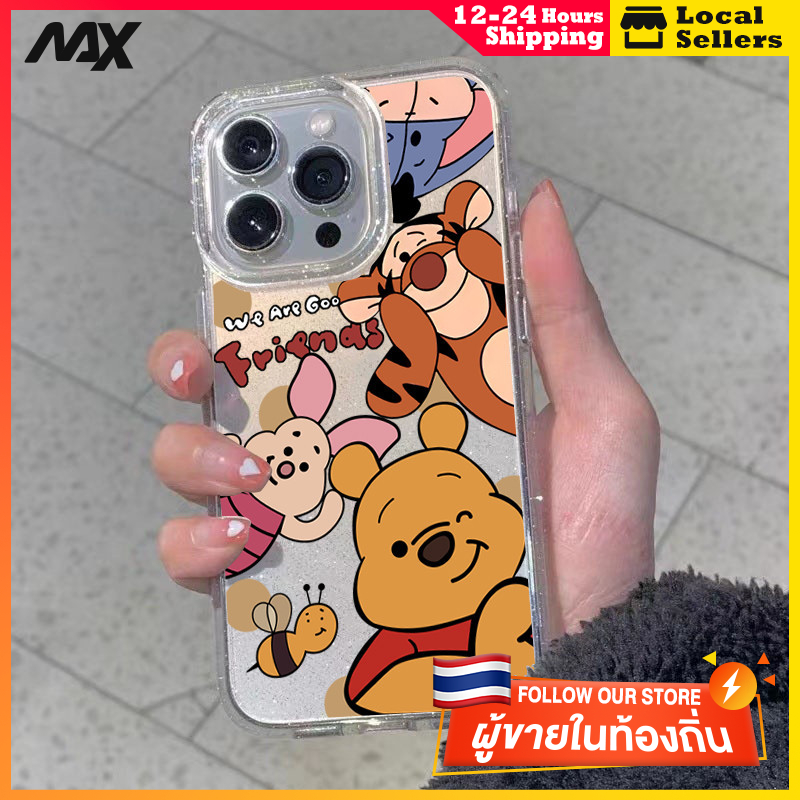 ผงเพชรแผ่นโปร่งใส เทรนด์แฟชั่น หมีพูห์ for 11 12 13 15 14plus 15 pro max XR 12 13pro 14 7P 8P XS 14Pro 11pro