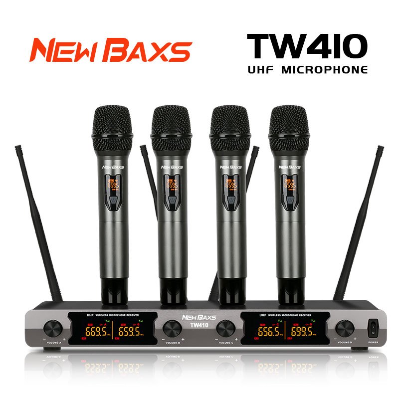 Newbaxs TW410 ไมโครโฟนไร้สาย 4 ตัวแบบมือถือโลหะ ความถี่คงที่ 600MHZ 4 เสาอากาศ ระยะห่าง 150 เมตร COD
