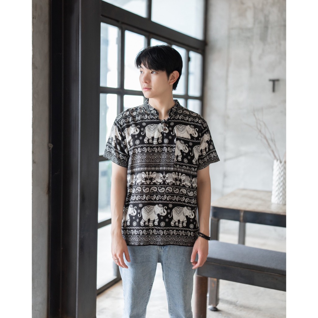 เสื้อคอจีนลายช้าง เสื้อผู้ชายลายช้าง