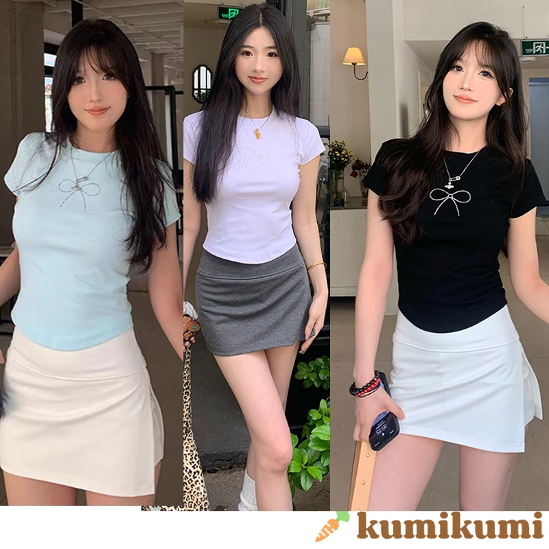 เสื้อยืด พิมพ์ลายโบว์ เสื้อครอปโบว์ ผ้าฝ้าย 100% ประดับเพชร น่ารัก ดูผอมและเซ็คซี่ 2024 แบบใหม่ ใส่คู่กับยีนส์และกระโป