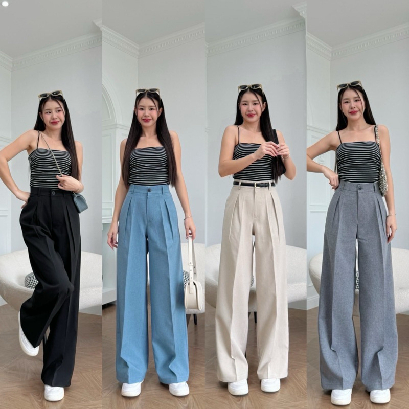กางเกงกระบอกกระดุมหน้าจีบผ้าแซนดี้ 🥰