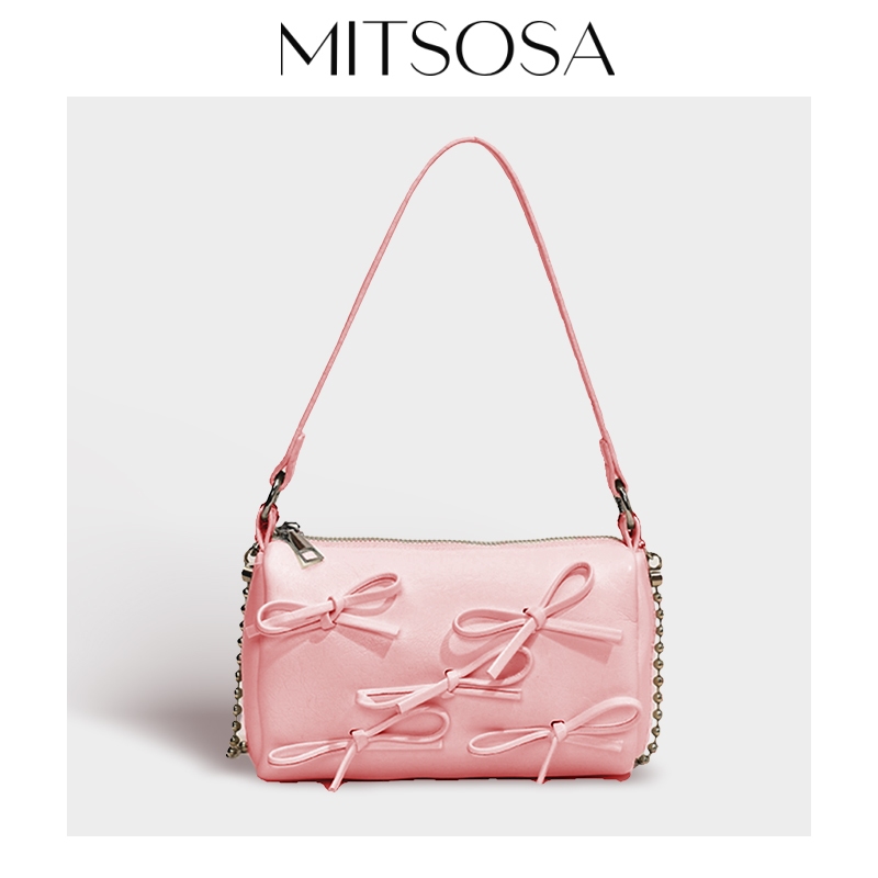 MITSOSA กระเป๋าใบเล็กโบว์สีชมพูและสีขาวของผู้หญิงแบบเรียบง่ายโซ่ข้อมือถือกระเป๋าสะพายข้างรักแร้