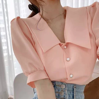 F26 🌻 เสื้อเชิ้ตสาวอวบแขนตุ๊กตา แต่งปกแหลมทรงเจ้าหญิง สีน่ารักมากก เนื้อผ้าใส่สบาย มีไซส์ใหญ่สุดได้ถึง 58-60 นิ้ว XXXXXL