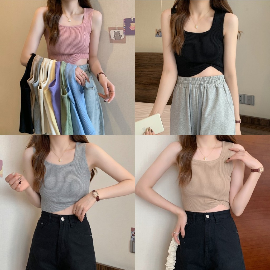 เสื้อครอปไหมพรม เสื้อกล้ามครอป ลอยเอว คอสี่เหลียม งานจั๊มขอบ โทนสีสวย ยืดตามตัวได้ #112234
