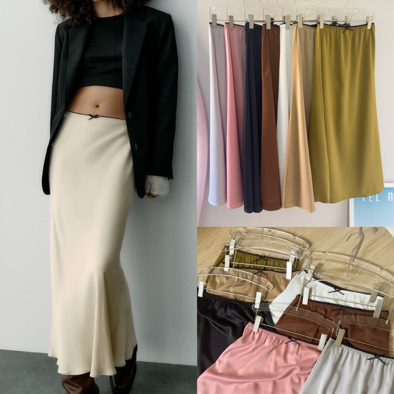 ZR satin skirt (350฿) กระโปรงซาตินเอวยืดรุ่นนี้ขยายได้เยอะนะคะเเบบสวม ซาตินพรีเมี่ยมเนื้อหนาทิ้งตัว โบว์ติดเอว mo.studio