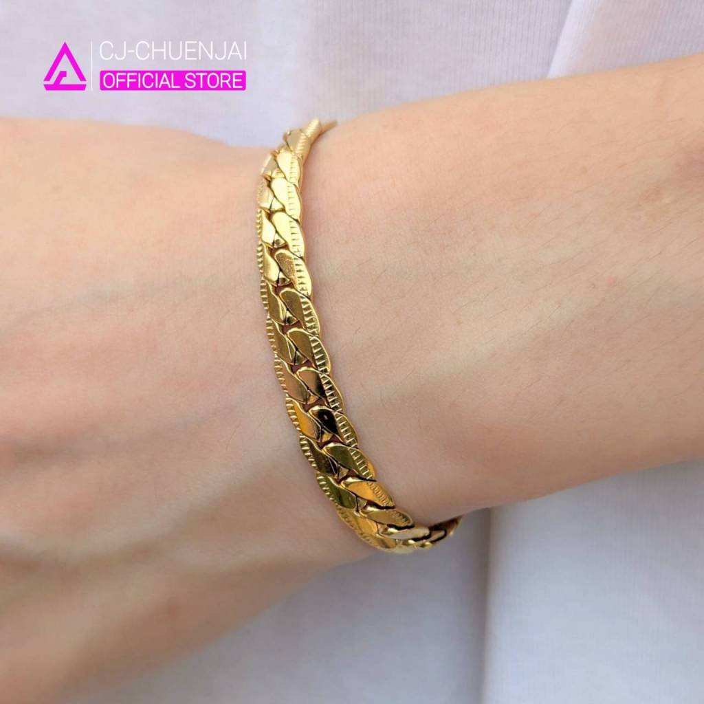 CJ สร้อยข้อมือบิดนูนฝรั่ง กว้าง7.5มิล สแตนเลสทองเลเซอร์ ไม่ลอกไม่ดำ