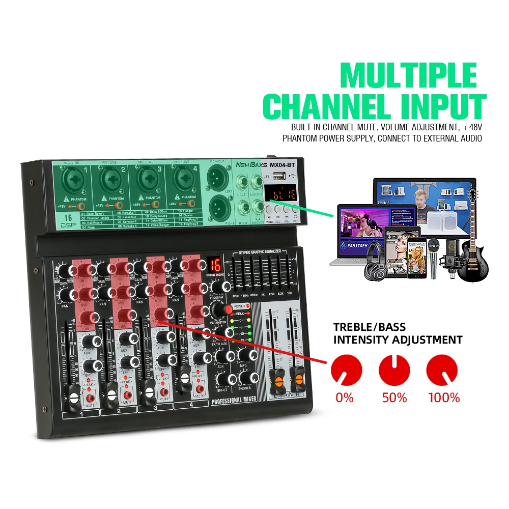 NEW BAXS 4 ช่องโทนเสียง MX04BT AUDIO MIXER มาพร้อมกับ Equalizer 16DSP Effecter รองรับการเล่น Bluetooth / USB / MP3