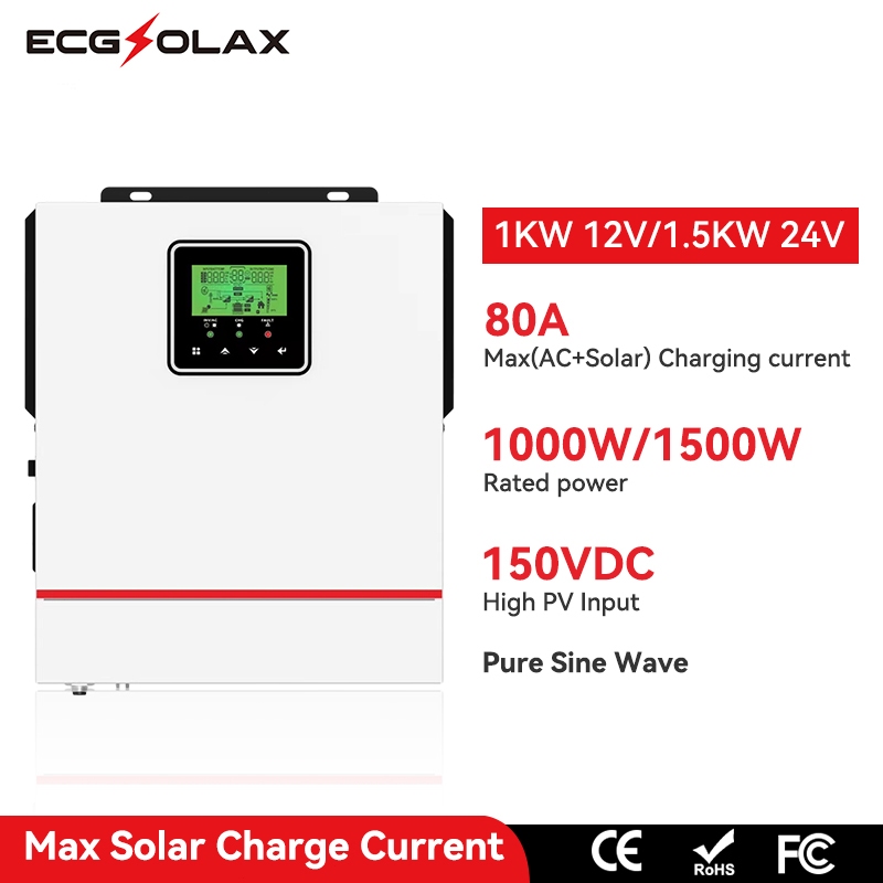 ECGSOLAX 1KW 12V Hybrid Solar Inverter 230Vac ในตัว 80A MPPT Solar Charge Controller 60Hz อินเวอร์เต