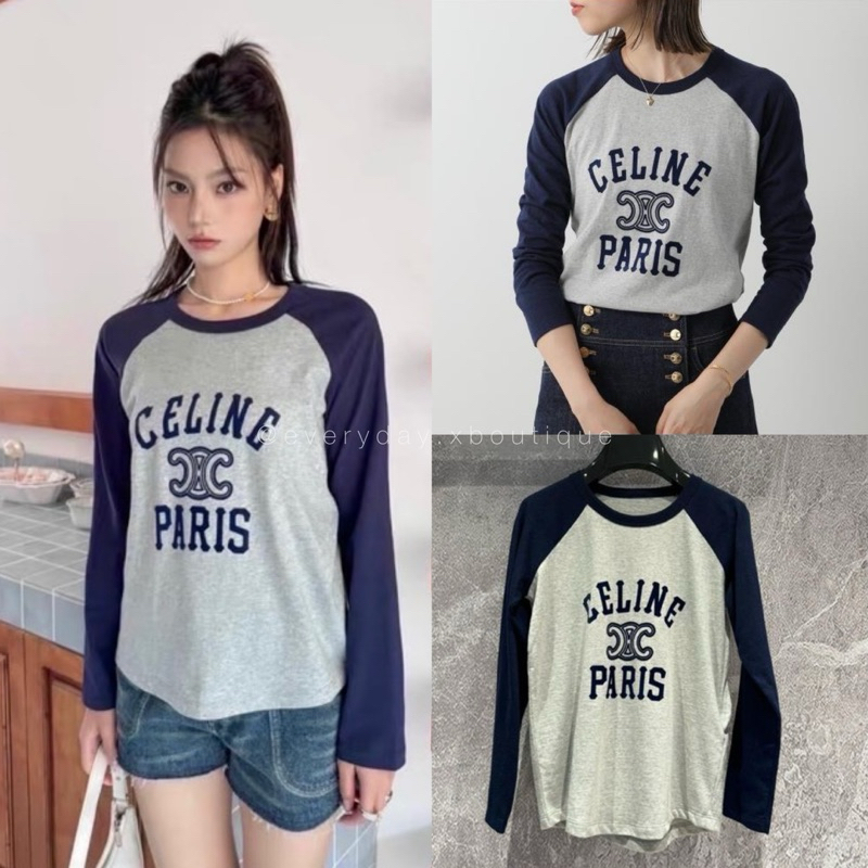 CLN 2tone top🩶🥣 (370฿) เสื้อแขนยาวรุ่นใหม่ สกรีนลายแบรนด์เป็นกำมะหยี่ด้านหน้า ดีเทลขอบคอและแขนเสื้อต