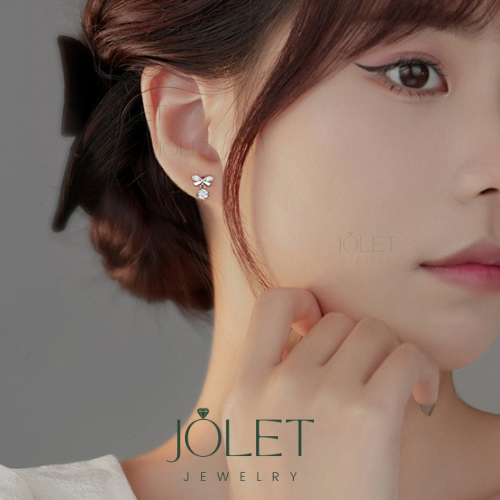 jolet ต่างหูรูปโบว์ ต่างหูเงินแท้92.5% s925 ไม่ลอกมีสีทองสีเงิน