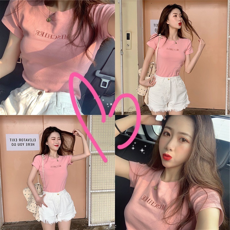 เสื้อผ้าแฟชั่นผู้หญิง ตัวอักษรปักด้านบนฤดูร้อนใหม่บางพอดีของผู้หญิง เสื้อยืดแฟชั่นแขนสั้น สไตล์เกาหลี