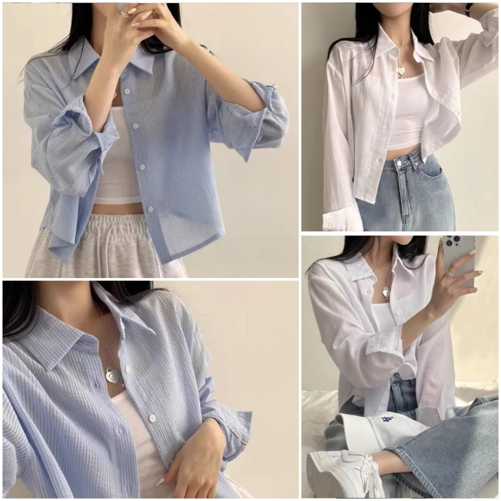 เสื้อเชิ๊ตแขนยาวคอปกทรงสั้น CTB5023 ]สไตล์มินิมอลสำหรับผู้หญิง สีขาว/ฟ้า FreeSize อก40 ครอปไม่ต้องรีดแฟชั่นเกาหลี
