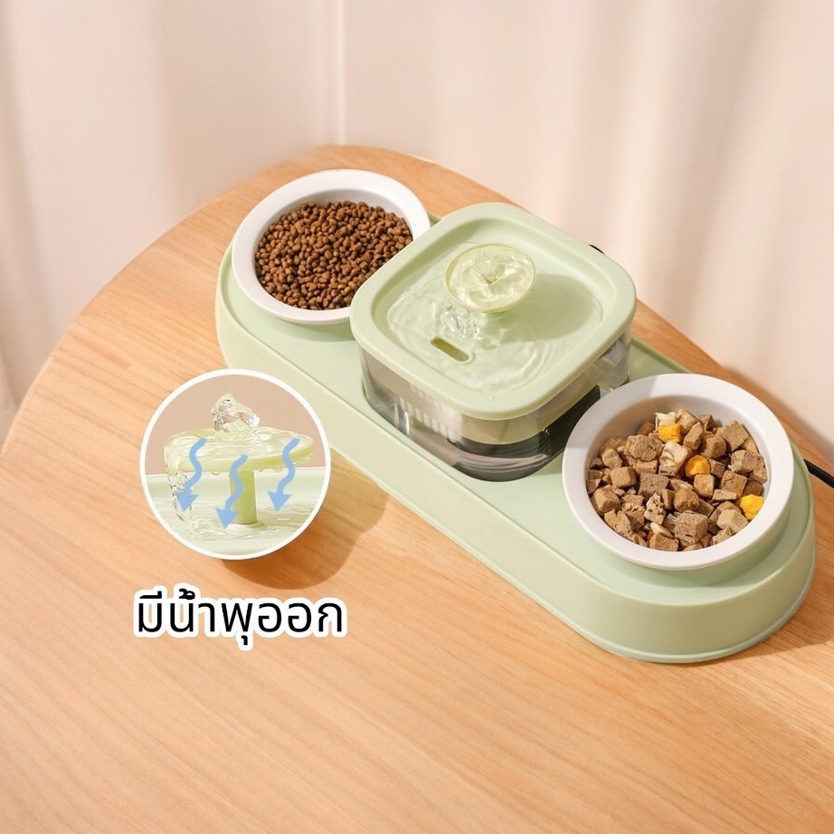 น้ำพุแมวแบบมีชามให้อาหาร2ชาม ของใช้แมว มีชามให้อาหารอีก2ชาม 2IN1 เป้นพลาสติกอย่างดี