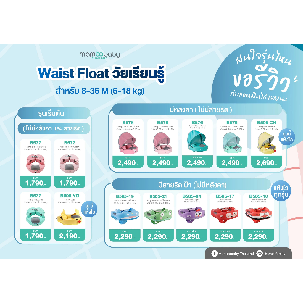 MAMBOBABY ห่วงยางไหล่ ไม่ต้องเป่าลม ม่านบังแดด UV ทุ่นลอยน้ำ 8-36 เดือน ของแท้ประกันศูนย์ไทย 1 ปี