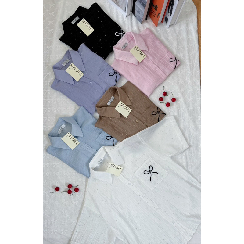 เสื้อเชิตแขนสั้น กระดุมหน้า ปักโบว์ งานเกาหลี เกาใจ