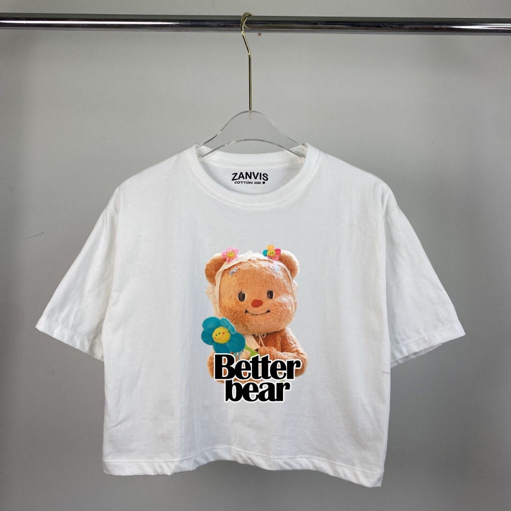 เสื้อครอปสกรีนลาย น้องหมีเนย มีให้เลือก 14 สี 7 ไซต์