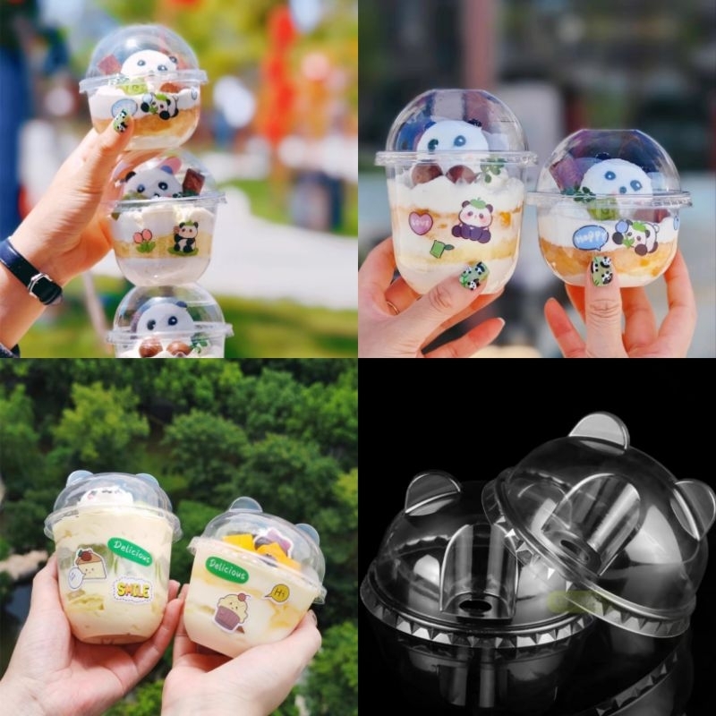 ถ้วยขนม โยเกิร์ต ถ้วย+ฝาโดม/ฝาโดมหมีมีช่องเสียบหลอดขนาด250/300/360mlแพค50ชุด