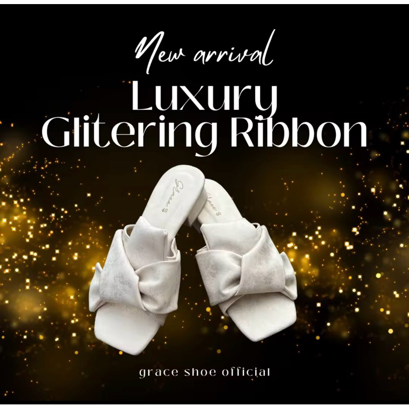 รองเท้าส้นสูง graceออกงานผู้หญิงรุ่นโบว์ใหญ่ รองเท้าแตะสั้นสูง 1.5 นิ้ว รองเท้าแฟชั่นเปิดส้น ไปงานแต