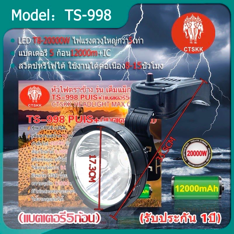 (แบตเตอรี่5ก้อน)( ประกัน 1 ปี ) ชิพ T8 ไฟฉายคาดหัว TS-998 12000mAh สว่างมาก แบต5ก้อน วอลุ่มปรับแสง หรี่-เร่ง พร้อมส่ง