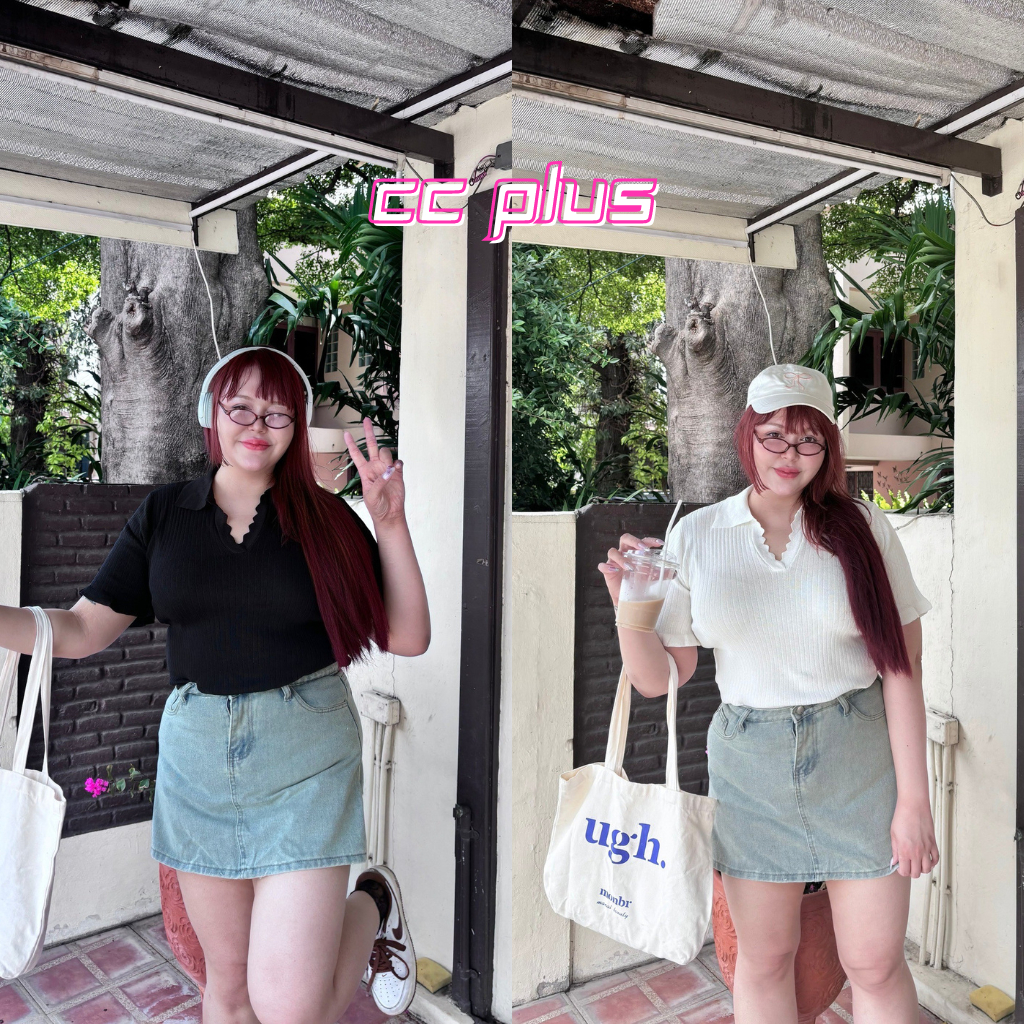 Cici plus+ (A2153) เสื้อไหมพรมคอปก ผ้าร่อง ยืดได้เยอะ แขนระบาย สีพื้น สไตล์สาวพลัสไซส์