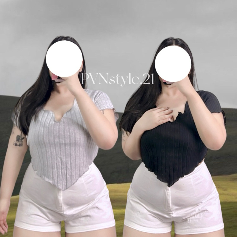 (ไซส์ใหญ่) เสื้อครอปแขนสั้นผ้าสำลีสาวอวบ อก 36-50