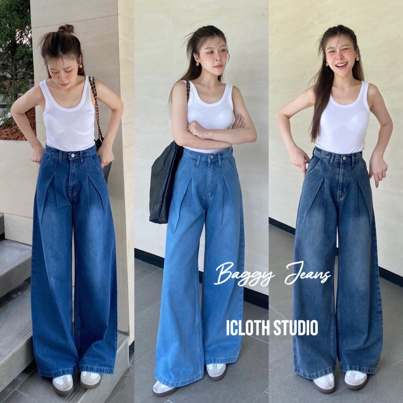 Chuu Baggy Jeans กางเกงยีนส์ขากระบอกใหญ่จับจีบ ผ้าไม่ยืด เอวสูง ทรงสวยมาก