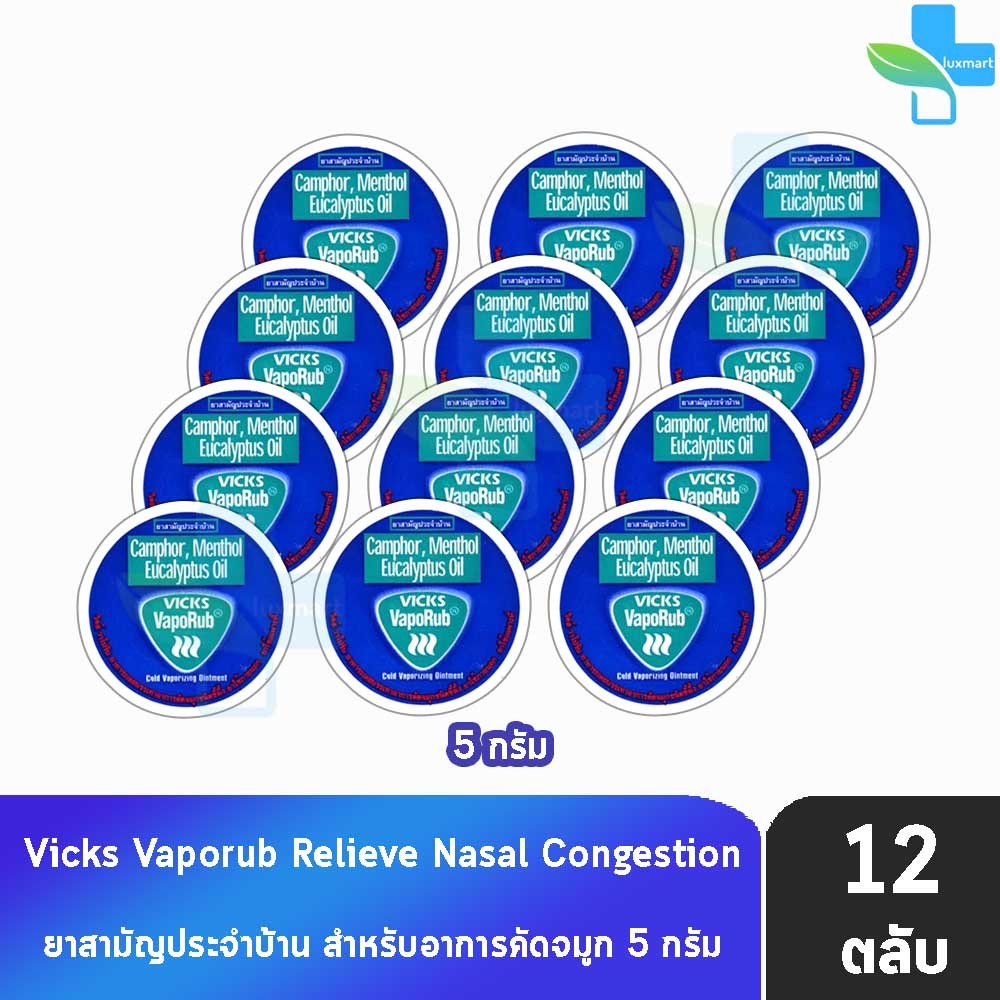Vicks Vaporub วิคส์ วาโปรับ ยาทาระเหยบรรเทาอาการหวัด คัดจมูก 5 กรัม [12 ตลับ] V0038