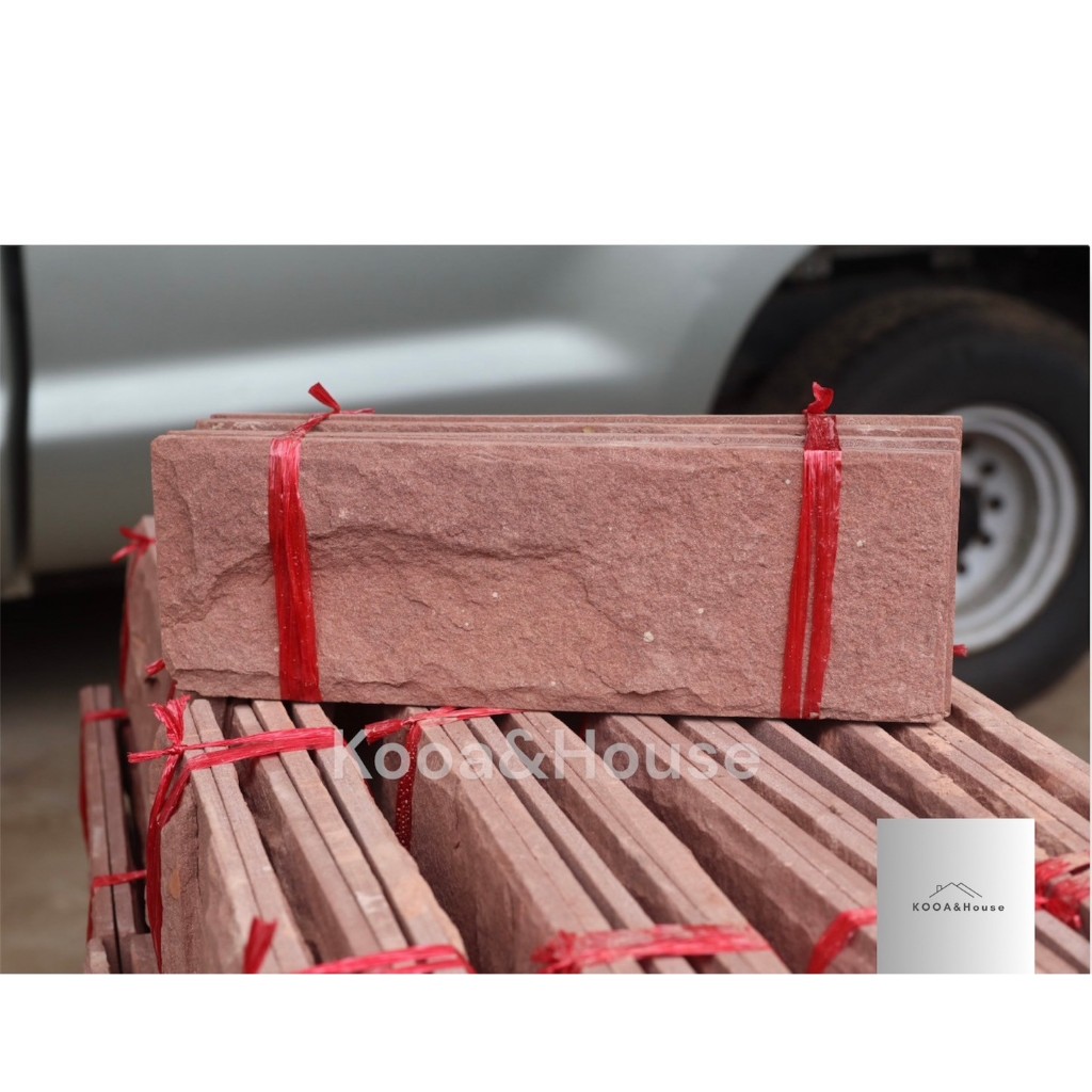 หินทรายธรรมชาติ สีแดง ติดผนัง ปูเสาปูพื้น ขนาด 10x30 cm.
