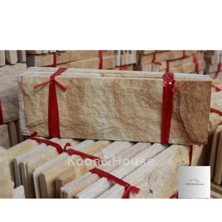 หินทรายธรรมชาติ สีเหลืองลาย ติดผนัง ปูเสาปูพื้น ขนาด 10x30 cm.