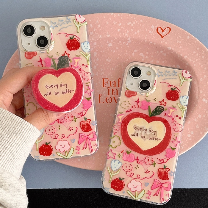 ใหม่ ประเภทกาว ขาตั้ง แอปเปิ้ลแดง เคสไอโฟน 15 14 13 12 pro max กราฟฟิตี โบว์หูกระต่าย หวานสวย case for iPhone 11
