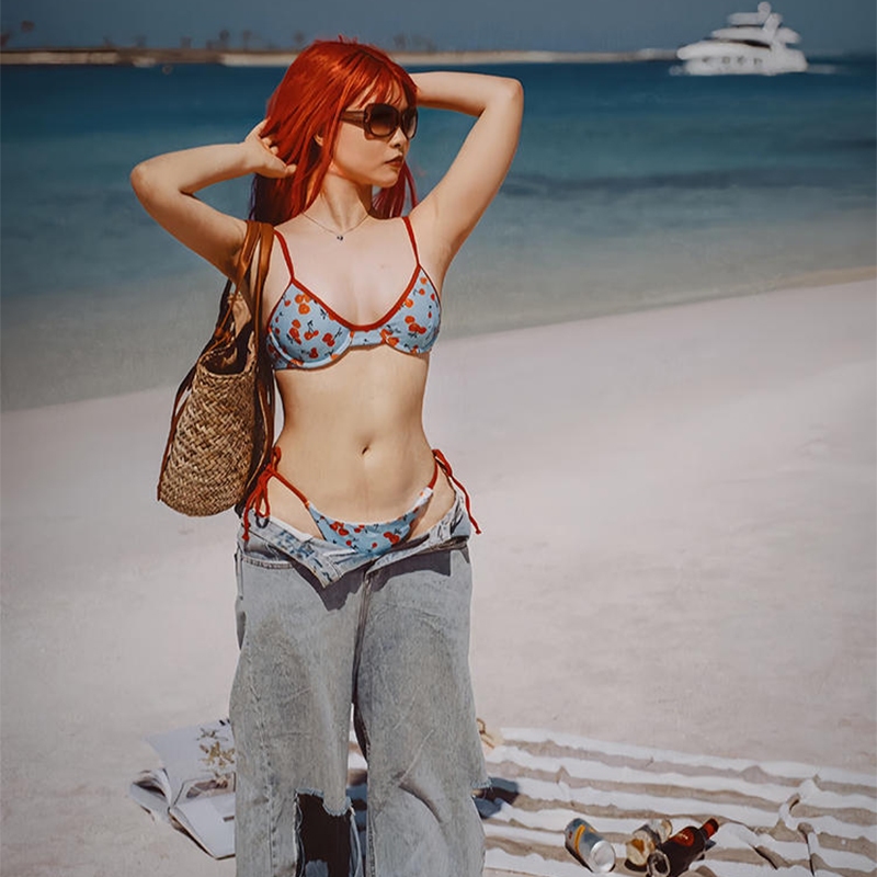ส่งไวจากไทย ชุดว่ายน้ําบิกินี่ two piece ชุดว่ายน้ำ รุ่นใหม่ ลายเชอร์รี่ สไตล์เซ็กซี่#0347