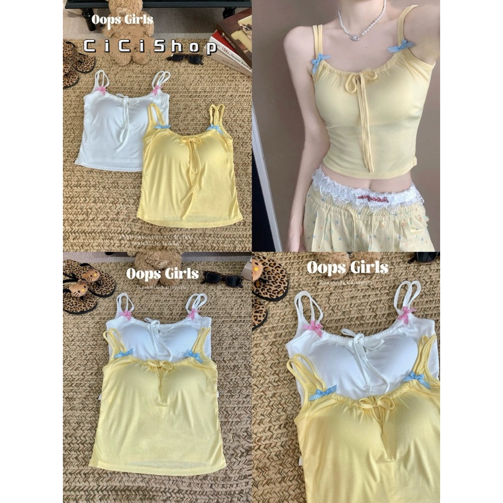 Cicishop(New2515)เสื้อกล้ามสายคู่ มีฟองน้ำ เพิ่มความเก๋ด้วยเชือกรูดอก ตกแต่งโบว์จิ๋ว ยืดตามตัว สไตล์สาวตัวเล็กตัวน้อย