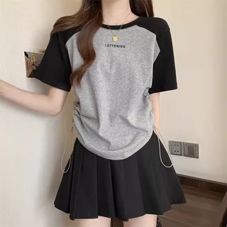 เสื้อครอปสาวอวบน่ารัก oversize เสื้อผ้าแฟชั่นเกาหลีมาใหม่ เสื้อยืดเชือกรูดข้างสวยๆผู้หญิงที่กําลังฮิต สีทูโทน ผ้าใส่สบาย