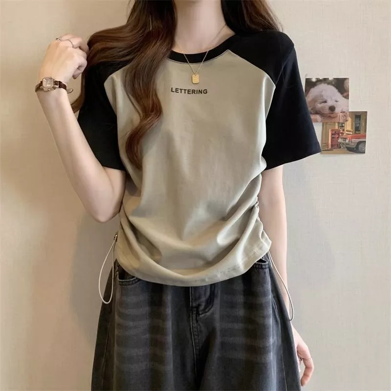 เสื้อครอปสาวอวบน่ารัก oversize เสื้อผ้าแฟชั่นเกาหลีมาใหม่ เสื้อยืดเชือกรูดข้างสวยๆผู้หญิงที่กําลังฮิต สีทูโทน ผ้าใส่สบาย
