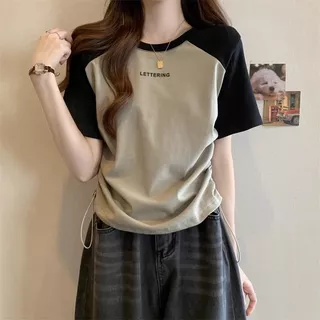 เสื้อครอปสาวอวบน่ารัก oversize เสื้อผ้าแฟชั่นเกาหลีมาใหม่ เสื้อยืดเชือกรูดข้างสวยๆผู้หญิงที่กําลังฮิต สีทูโทน ผ้าใส่สบาย