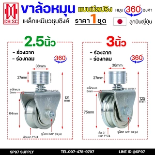 CH.SC ล้อสปริง เหล็ก ขาล้อหมุน 360 องศา สำหรับ ประตูบ้าน ประตูรั้ว ร่องกลม / ร่องฉาก (ราคา 1ลูก)