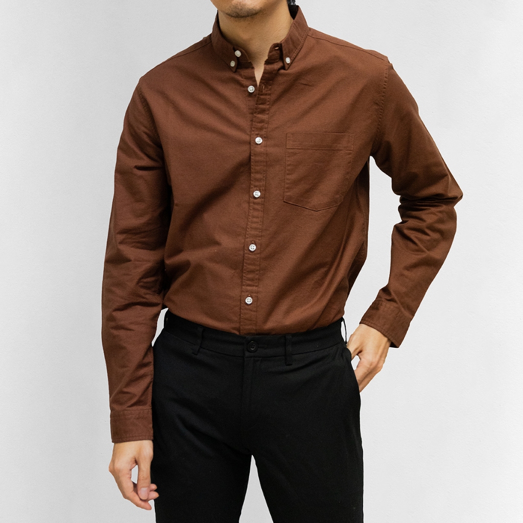 era-won ເສື້ອເຊີດ Oxford Shirt ຄໍປົກ ແຂນຍາວ ສีน້ຳຕານ (Cotton 100%)