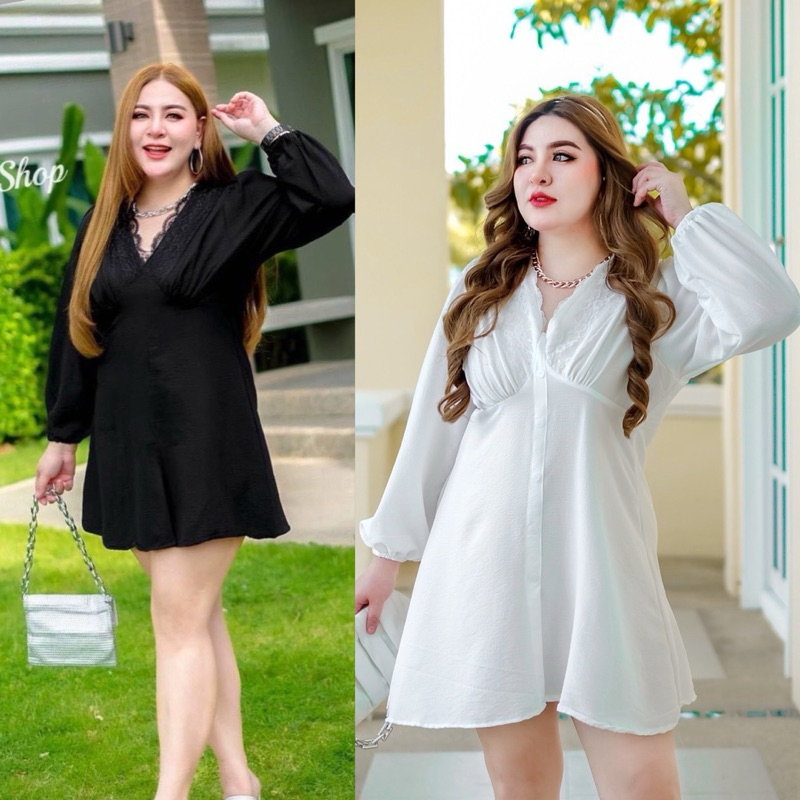 เดรสคอวีแต่งลูกไม้ กระดุมหน้า