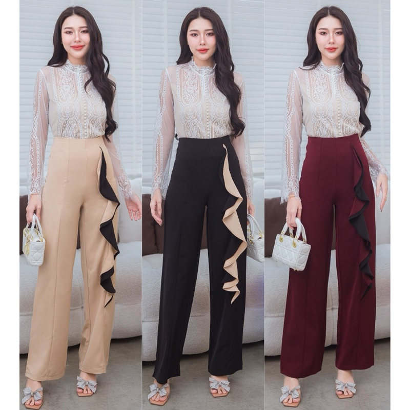 [ลด 20% กรอกโค้ด INC694OD] 166 กางเกงเอวสูงต่อระบายตัดสีทูโทน (ผ้านาโน REEYA)