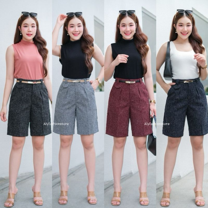 กางเกง3ส่วนขาตรง(SK307) S-3XL เอวสูง ซิปหน้า แต่งเป๋าจิ๋วขอบเอว ผ้าลินินสวิสเนื้อนุ่ม ทรงสวย แมทได้ทุกลุค