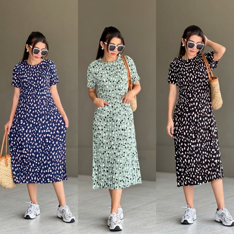 pleated maxi dress เดรสอัดพลีท สีสวย พิมพ์ลาย ทรงแขนสั้น