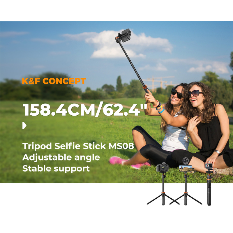 K&F Selfie Tripod for GoPro, DJI, Insta360 พร้อมรีโมท Bluetooth + อะแดปเตอร์ Gopro